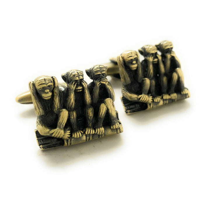 Hear no Evil See no Evil Speak no Evil Cufflinks Antique Brass Tone 3D Monkeys Cool Fun Office Work Cuff Links with Image 4