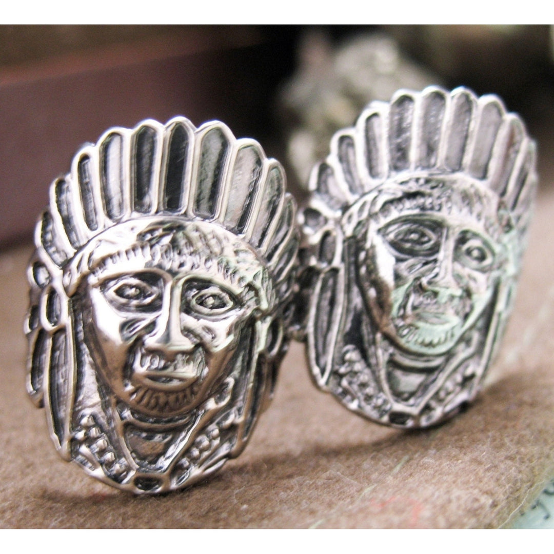 Warrior Chief Cufflinks Pewter Tone Native American Links White Elephant Gifts Image 2