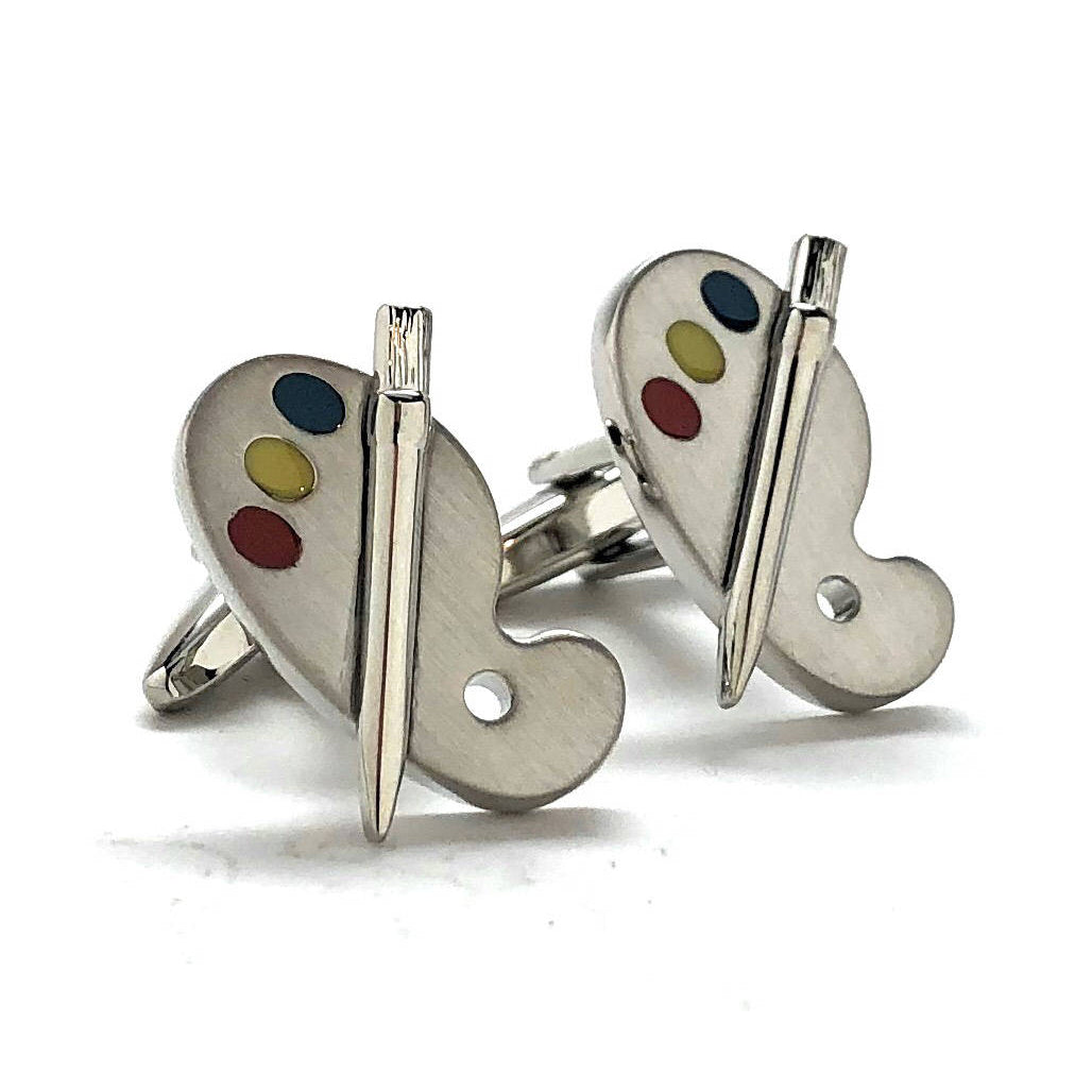 Artist Palette Cufflinks Silver Tone Matt Finish Mixes Colors Bright Fun Coloring Art Painting 3D Details Cuff Links Image 1