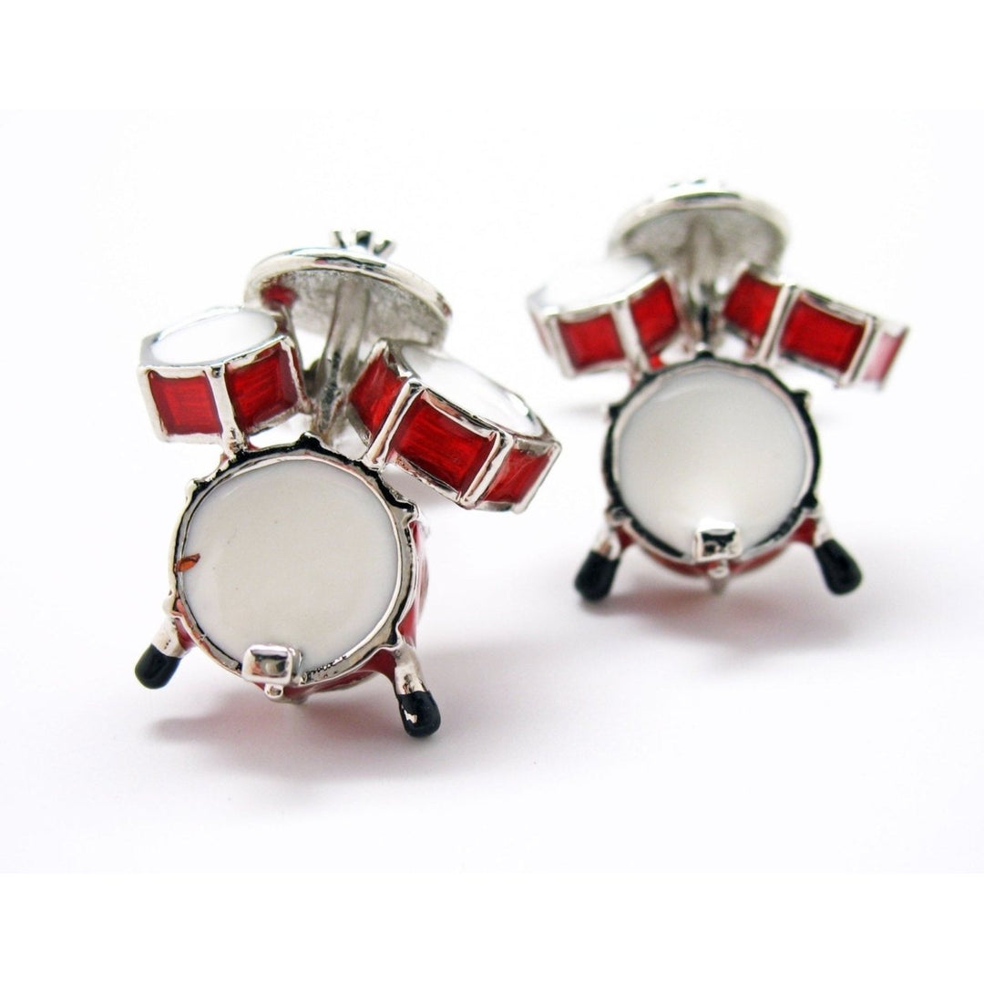 Drum Set Cufflinks Ultimate Drummer Red and White Enamel Drums Bullet Post Cuff Links Image 1