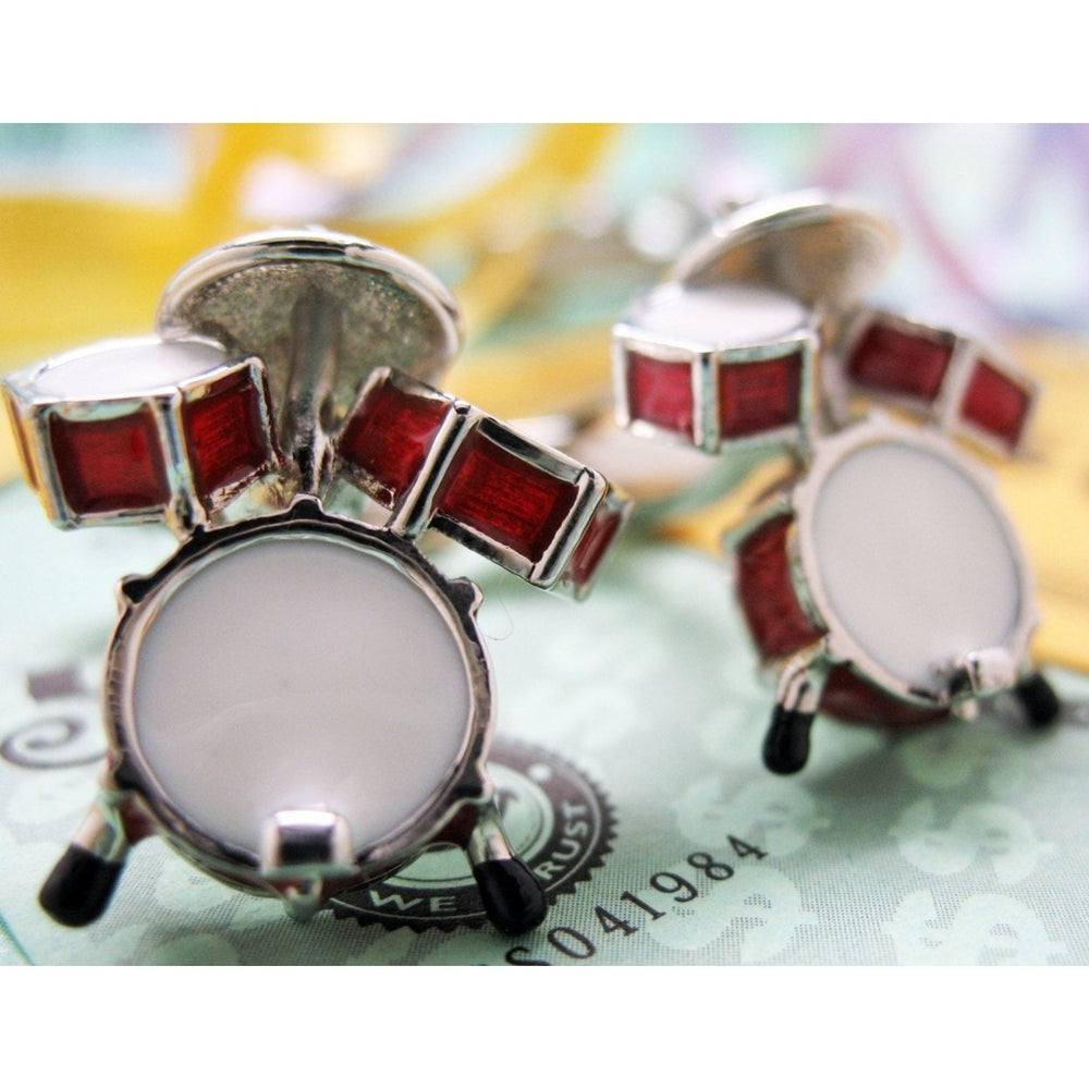 Drum Set Cufflinks Ultimate Drummer Red and White Enamel Drums Bullet Post Cuff Links Image 2