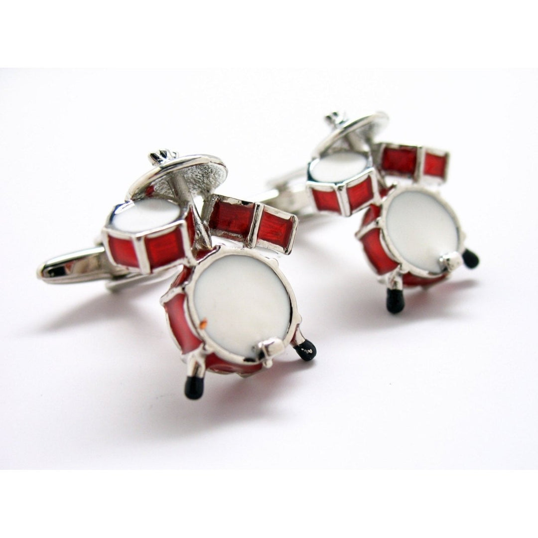 Drum Set Cufflinks Ultimate Drummer Red and White Enamel Drums Bullet Post Cuff Links Image 3