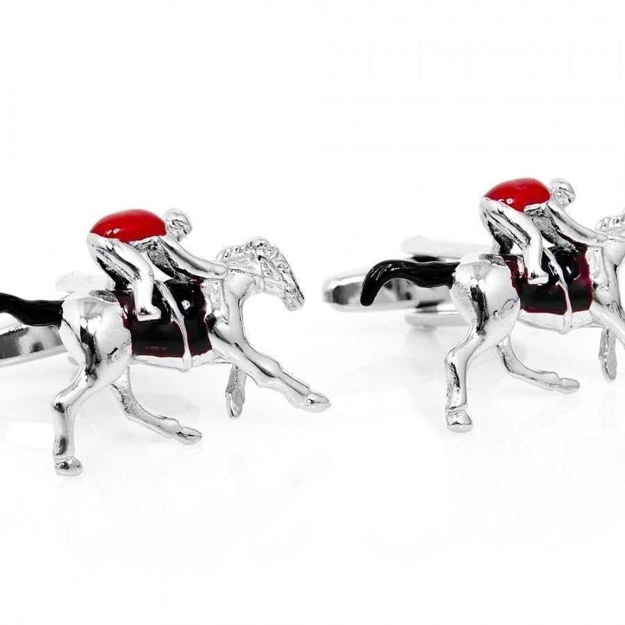 3D Enamel Race Horse and Jockey Cufflinks Cuff Links Animal Image 1