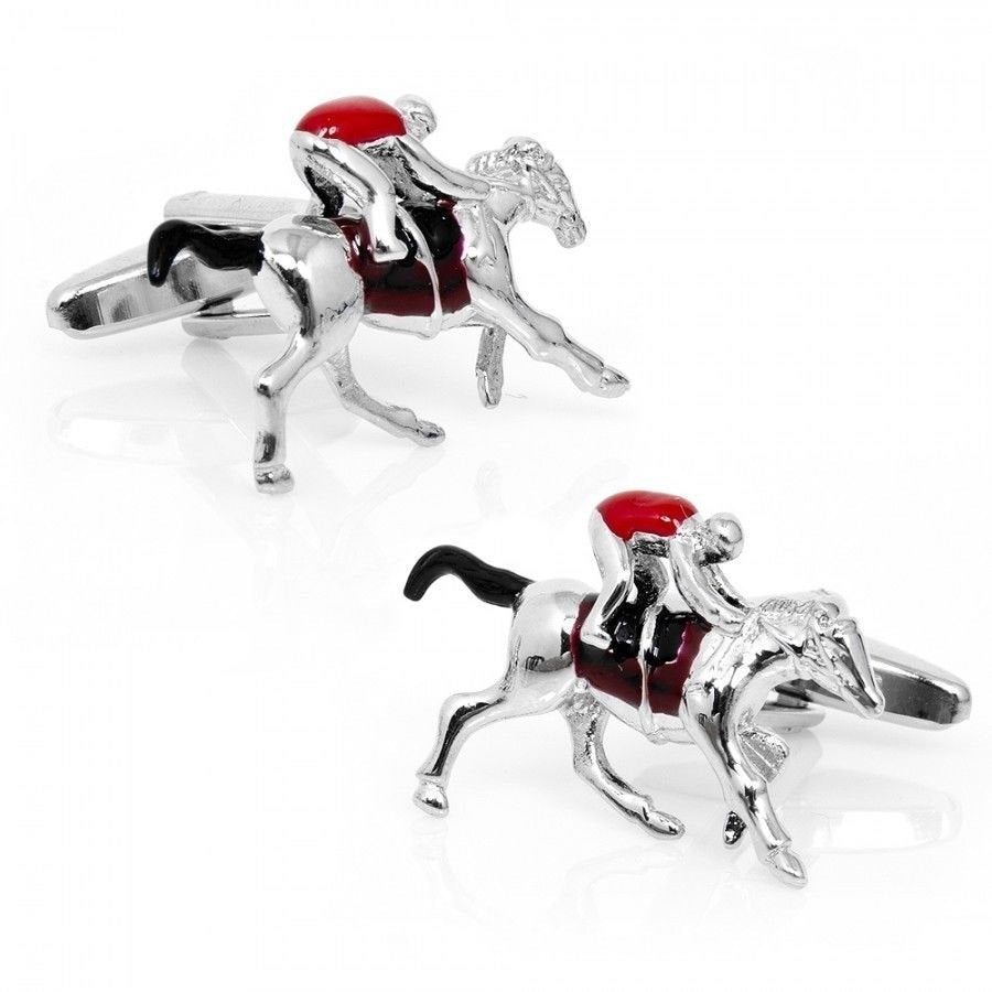 3D Enamel Race Horse and Jockey Cufflinks Cuff Links Animal Image 2