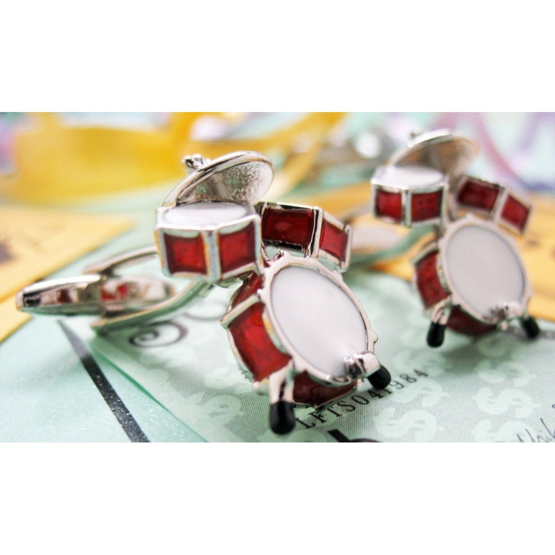 Drum Set Cufflinks Ultimate Drummer Red and White Enamel Drums Bullet Post Cuff Links Image 4