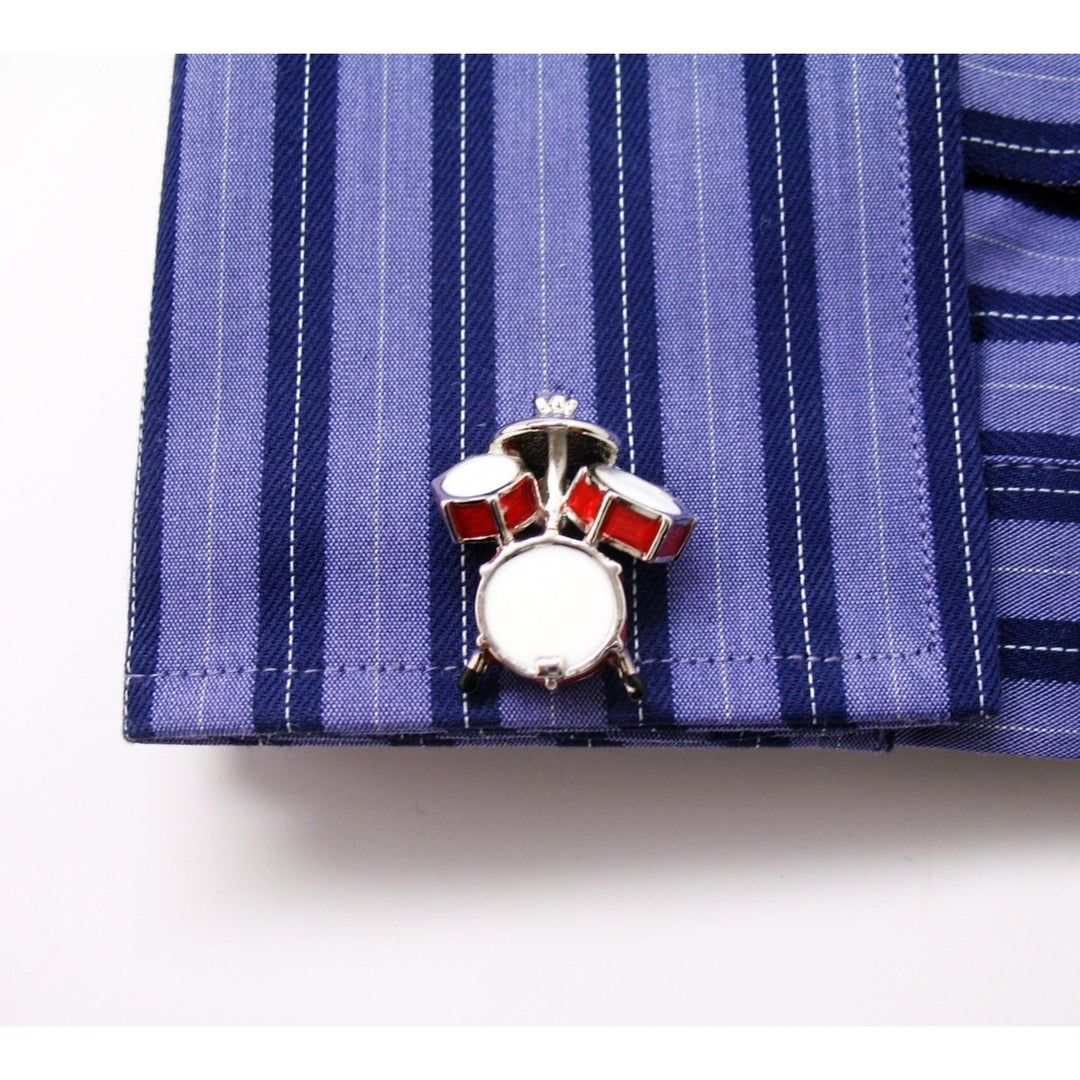 Drum Set Cufflinks Ultimate Drummer Red and White Enamel Drums Bullet Post Cuff Links Image 4