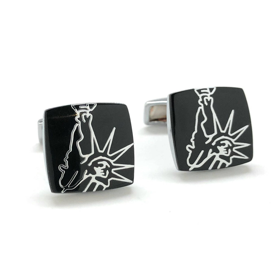 Statue of Liberty Cufflinks Black Enamel Silver Tone Trim York City Cuff Links NYC NY Enlightening the World with Gift Image 1