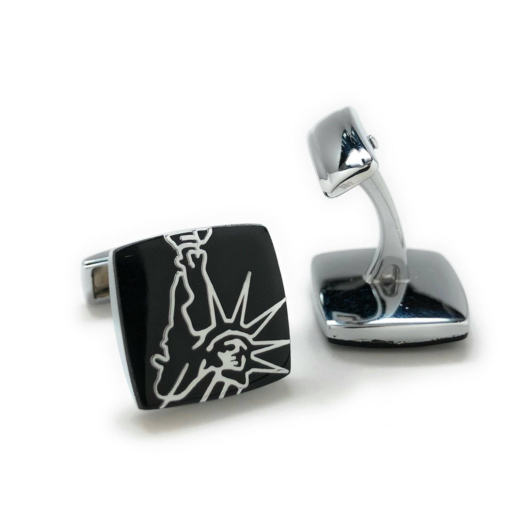 Statue of Liberty Cufflinks Black Enamel Silver Tone Trim York City Cuff Links NYC NY Enlightening the World with Gift Image 3