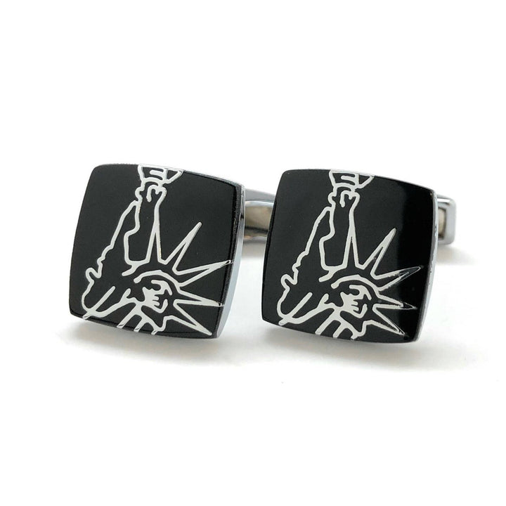 Statue of Liberty Cufflinks Black Enamel Silver Tone Trim York City Cuff Links NYC NY Enlightening the World with Gift Image 4