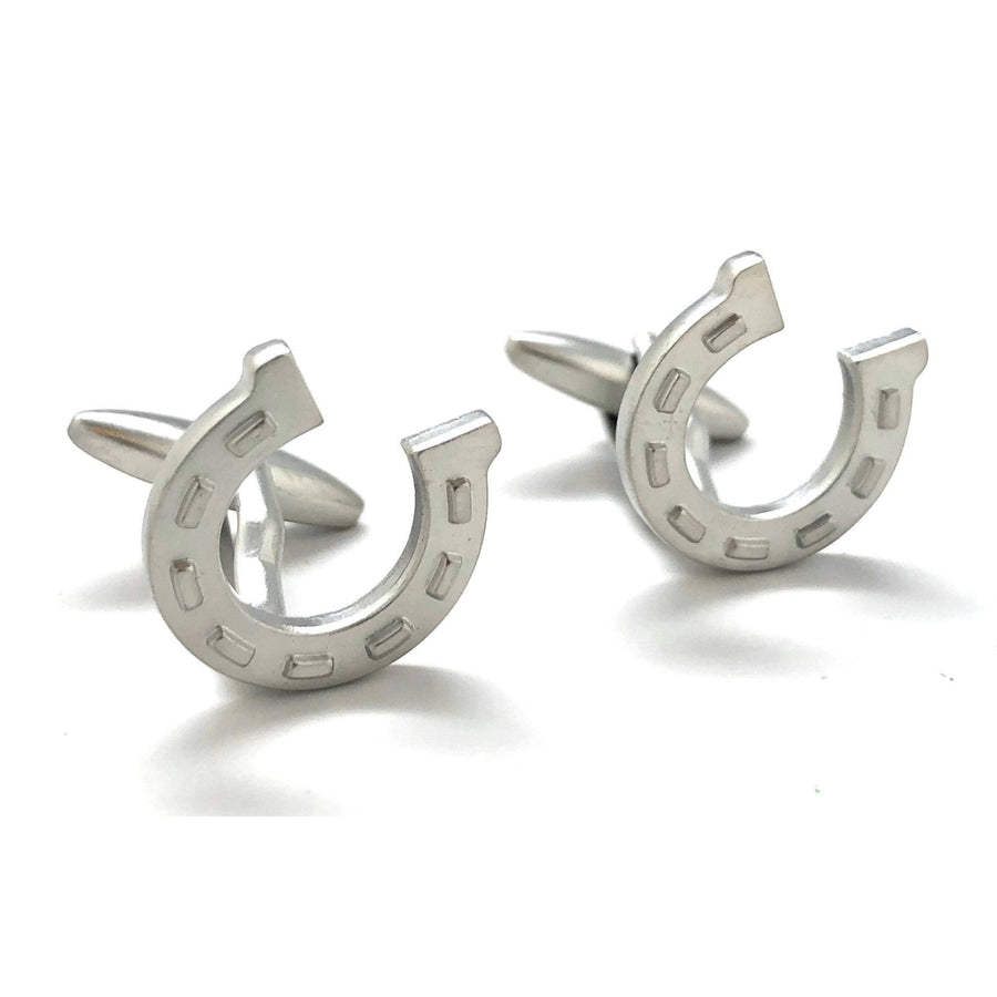 Silver Lucky Horseshoe Cufflinks Fun Cool Good Luck Winning Horse Charms Matte Finish Cuff Links Comes with Gift Box Image 1