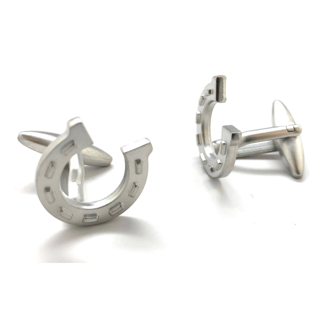 Silver Lucky Horseshoe Cufflinks Fun Cool Good Luck Winning Horse Charms Matte Finish Cuff Links Comes with Gift Box Image 2