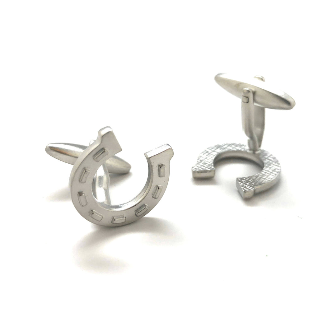 Silver Lucky Horseshoe Cufflinks Fun Cool Good Luck Winning Horse Charms Matte Finish Cuff Links Comes with Gift Box Image 3