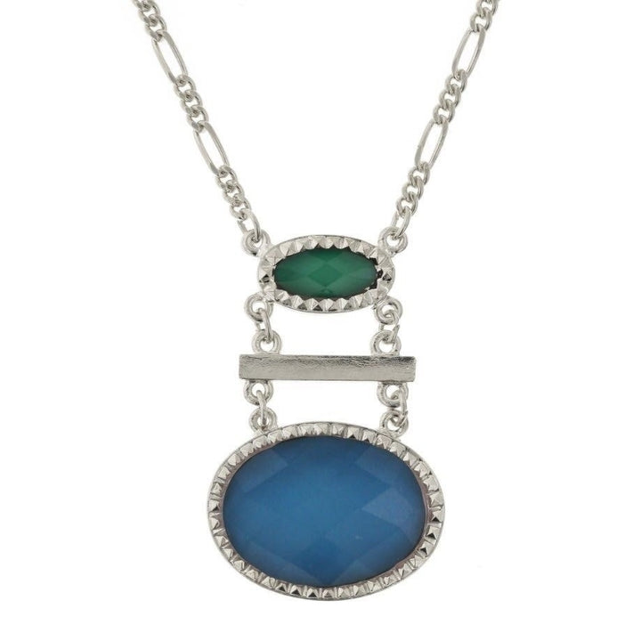 Women Color Block Green and Blue Double Drop Oval Pendant Necklace Silk Road Jewelry Image 1