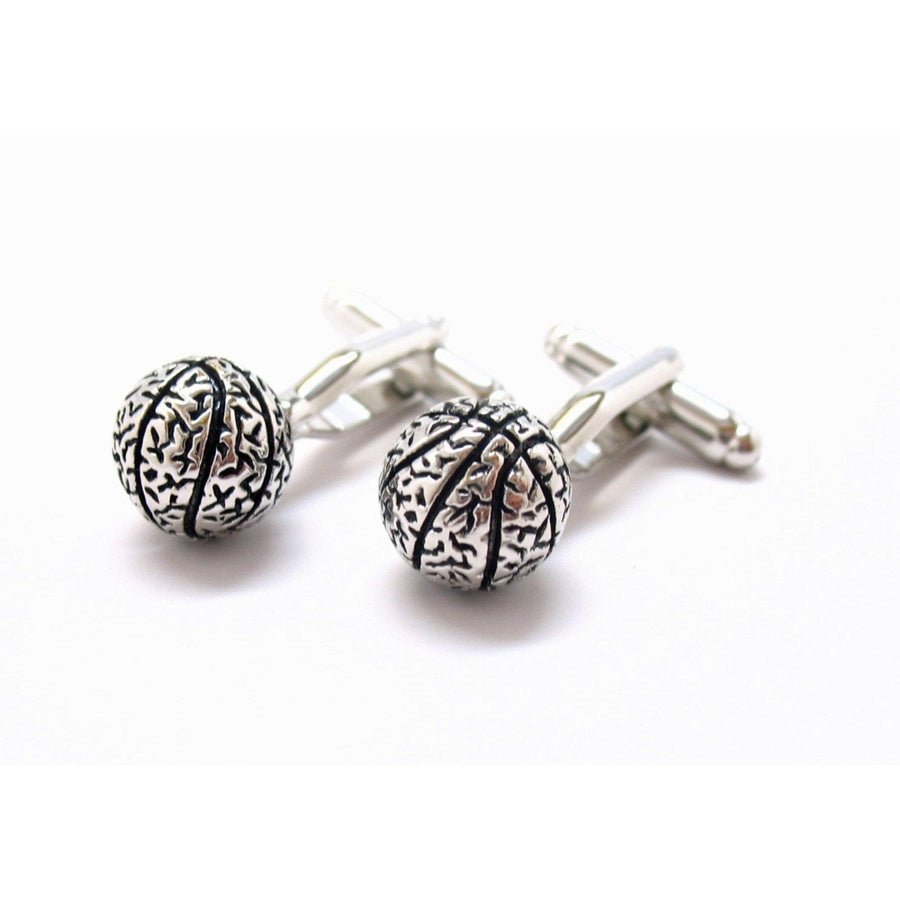 Basketball Cufflinks Silver Tone Round 3-D Play Ball Cuff Links Image 1