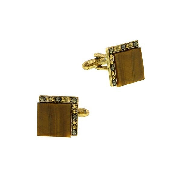 Tiger Eye Cufflinks Classic Gold Tone Antique Tigers Eye with Crystals Square Cufflink Image 1