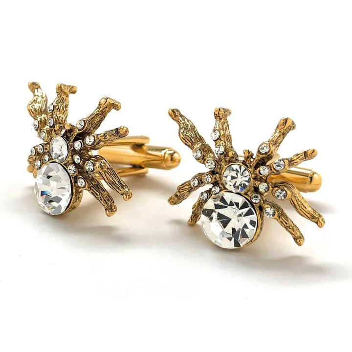 Lucky Spider Cufflinks Gold Tone Walking Crystal Spider Cool Fun Highly Detailed Design Cuff Links Image 4