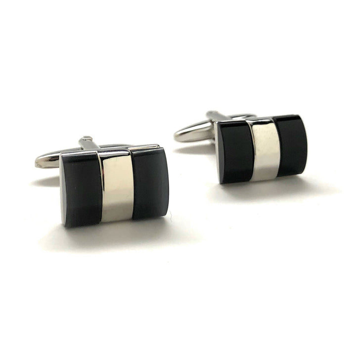 Mens Cufflinks Black Two Thick Band Onyx with Silver Band Cuff Links Comes with Gift Box Image 1