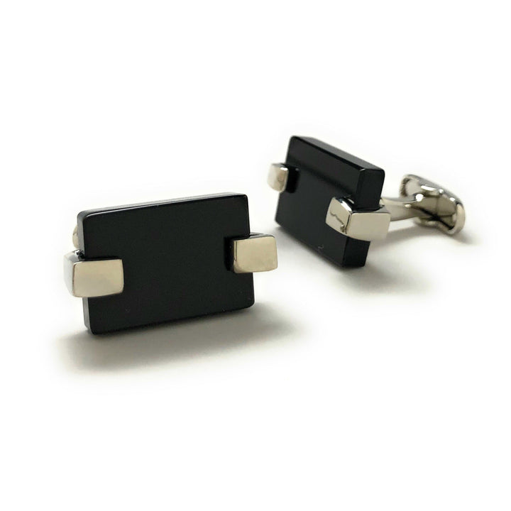 Mens Cufflinks Black Agate Slab Design Silver Clip Holder Tone Cuff Links Comes with Gift Box Image 2