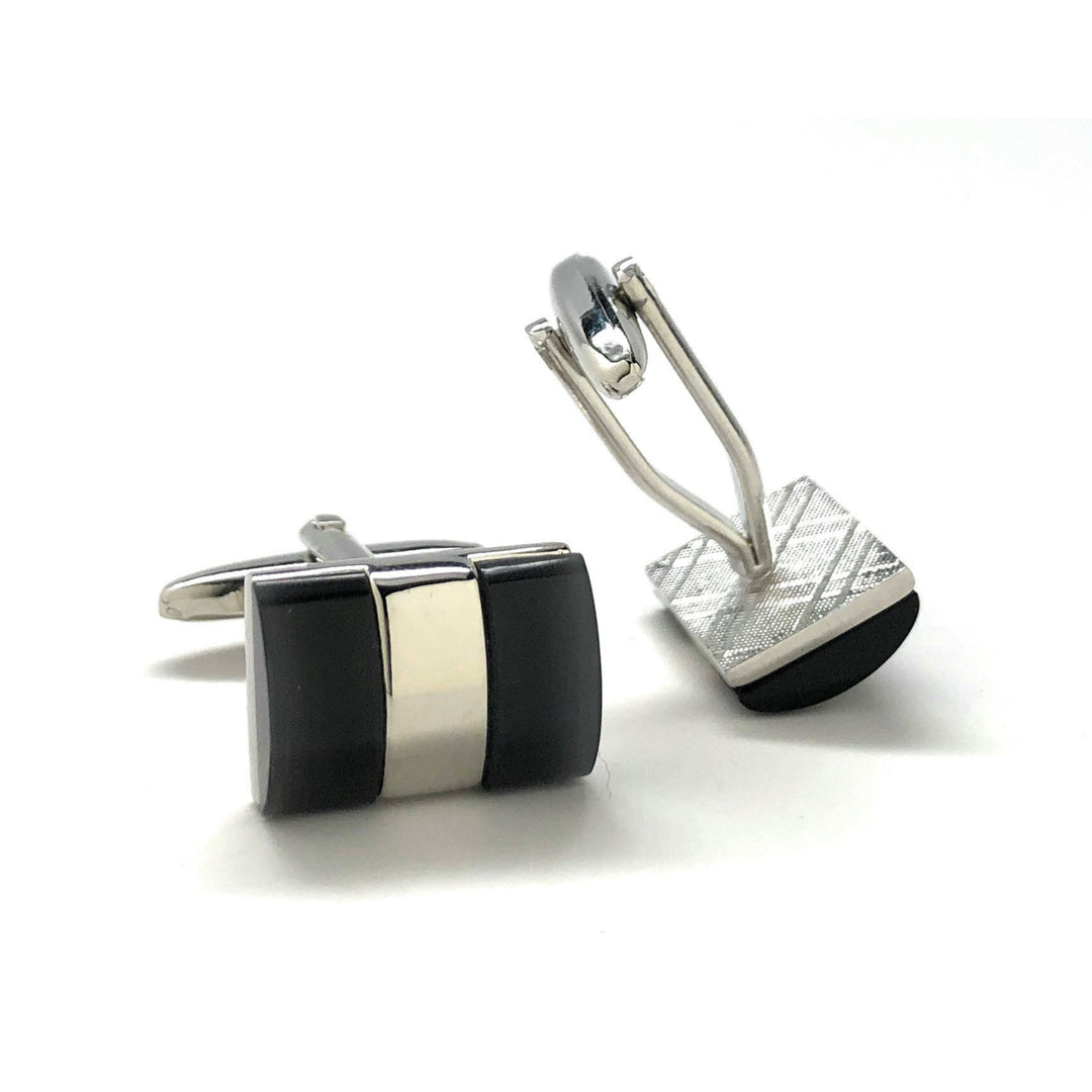 Mens Cufflinks Black Two Thick Band Onyx with Silver Band Cuff Links Comes with Gift Box Image 3