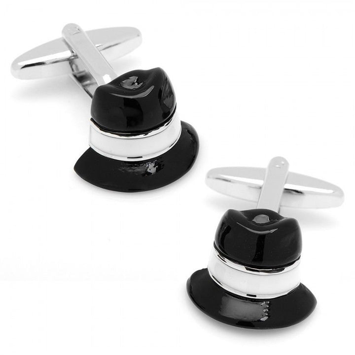 Fedora Hat Cufflinks Gentlemen Dress Up Black and Silver Hat Cufflinks Cuff Links Image 1