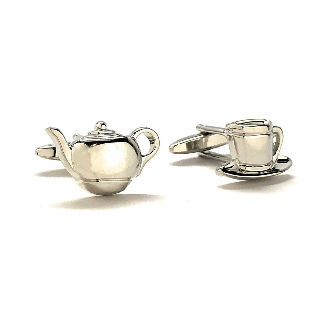 Silver Tea Cup and Kettle Cufflinks Time for Tea England Cuff Links Comes with Gift Box Image 1