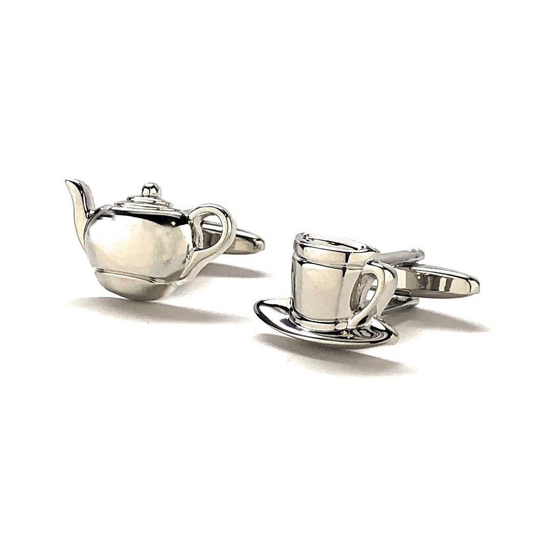 Silver Tea Cup and Kettle Cufflinks Time for Tea England Cuff Links Comes with Gift Box Image 4