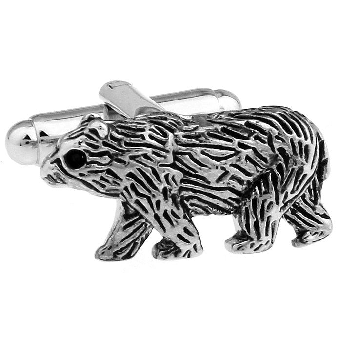 Walking Bear Cufflinks Silver Tone with Black Enamel Grizzly Bear Cuff Links Image 1