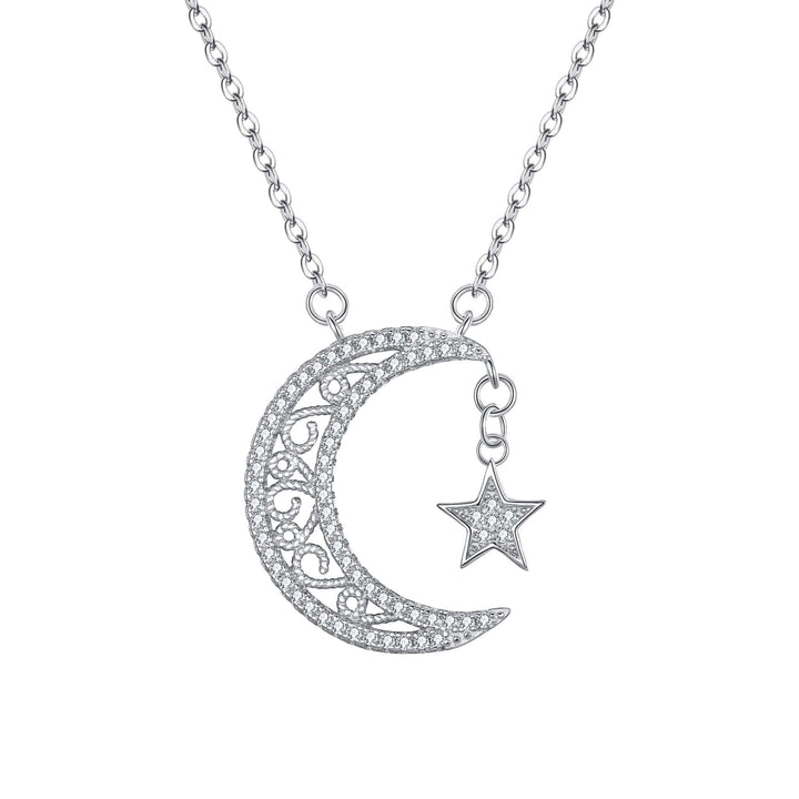 Crescent Moon Star Crystal Necklace 18K White Gold Plated Swarovski Elements Image 2