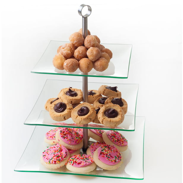 Chef Buddy 3 Tier Square Dessert and Appetizer Stand Stainless Steel Glass Plates Image 1