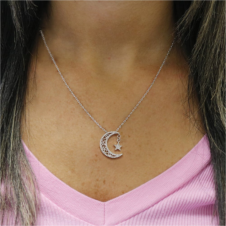 Crescent Moon Star Crystal Necklace 18K White Gold Plated Swarovski Elements Image 1