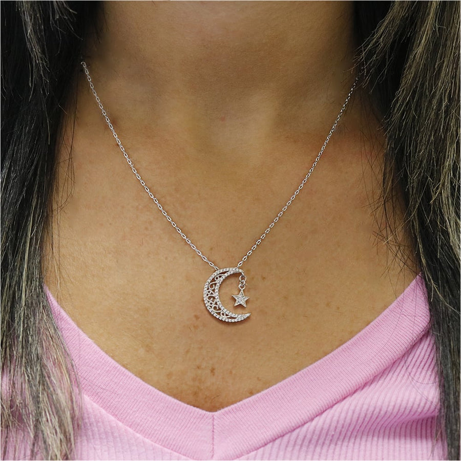 Crescent Moon Star Crystal Necklace 18K White Gold Plated Swarovski Elements Image 1