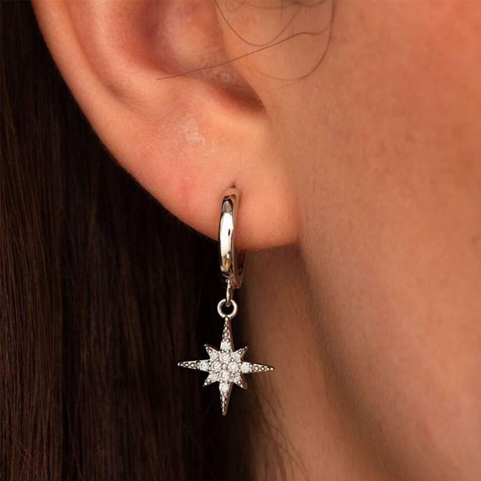 Swarovski Crystal Starburst Huggie Hoop Earrings 18K White Gold Plated Image 2