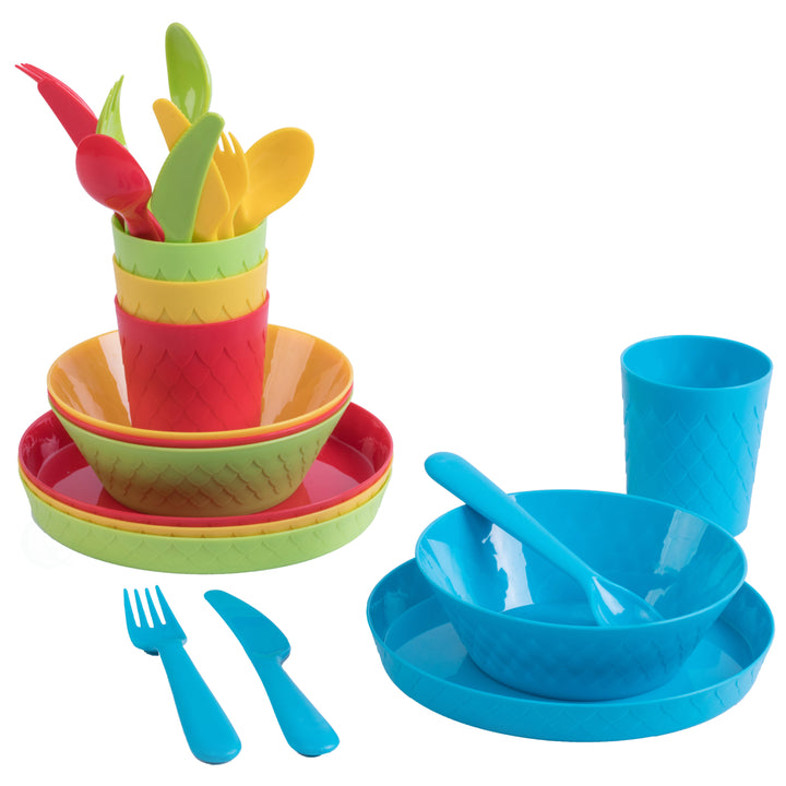 24-Piece Kids Dinnerware Set Plastic 4 Plates, 4 Bowls, 4 Cups, 4 Forks, 4 Knives, and 4 Spoons Image 1