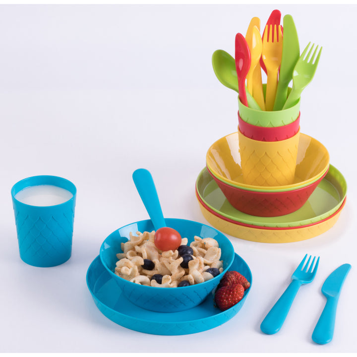 24-Piece Kids Dinnerware Set Plastic 4 Plates, 4 Bowls, 4 Cups, 4 Forks, 4 Knives, and 4 Spoons Image 3