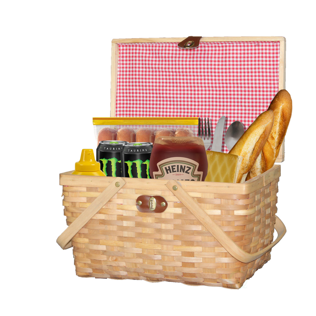 Gingham Lined Woodchip Picnic Basket With Lid and Movable Handles Image 1