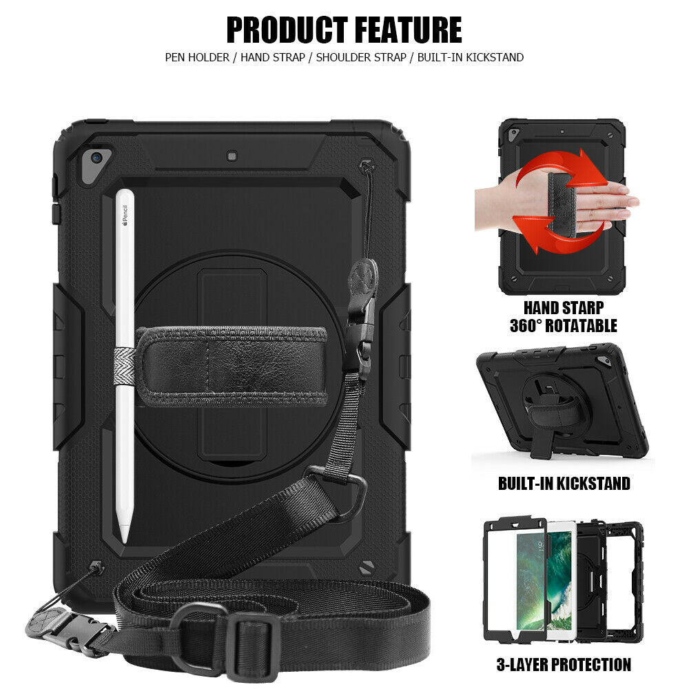 Apple iPad 7th Generation 10.2 Inch Shockproof Protective 360 Rotating Stand W. Strap Case Cover Black/Black Image 1