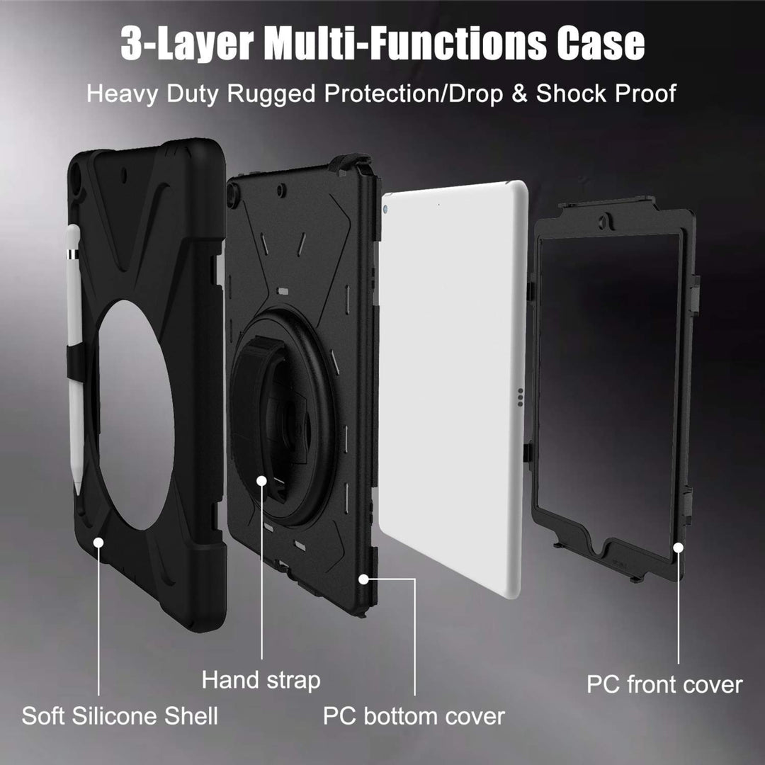 Apple iPad 7th Generation 10.2 Inch Shockproof Protective 360 Rotating Stand W. Strap Case Cover Black/Black Image 10