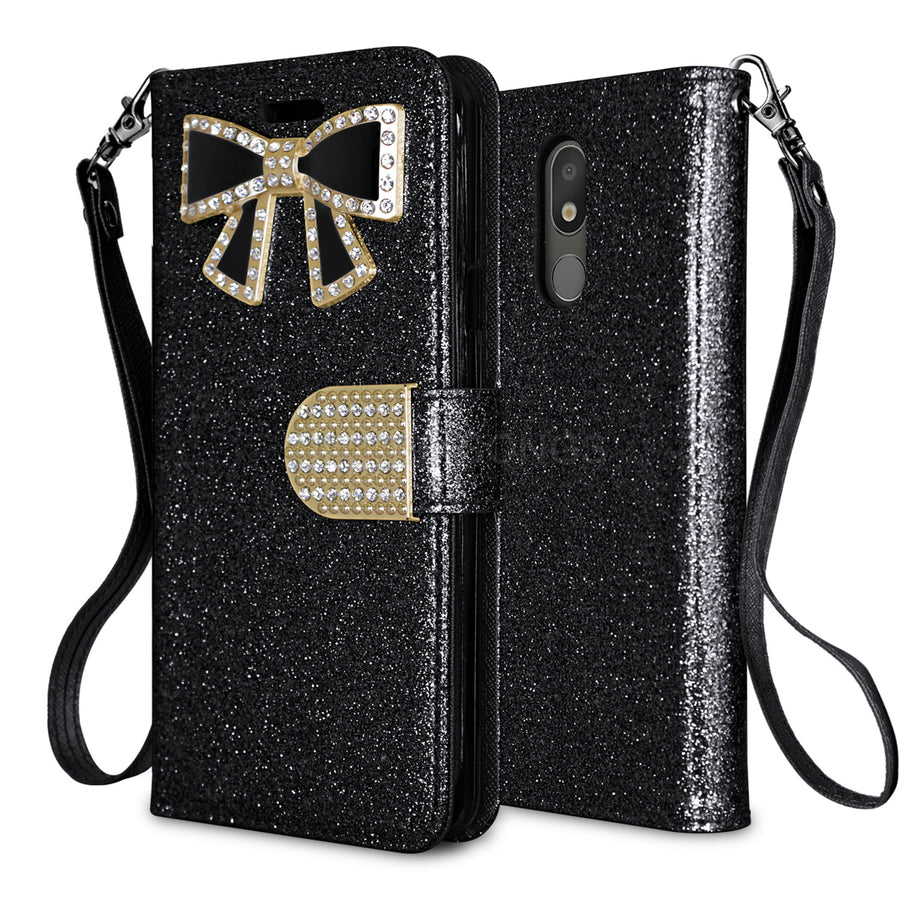 LG Aristo 4 Plus / Prime 2 / K30 (2019) Diamond Bow Glitter Leather Wallet Case Cover Black Image 1