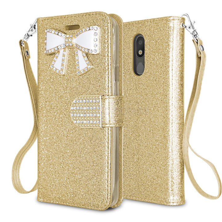 LG Aristo 4 Plus / Prime 2 / K30 (2019) Diamond Bow Glitter Leather Wallet Case Cover Black Image 4