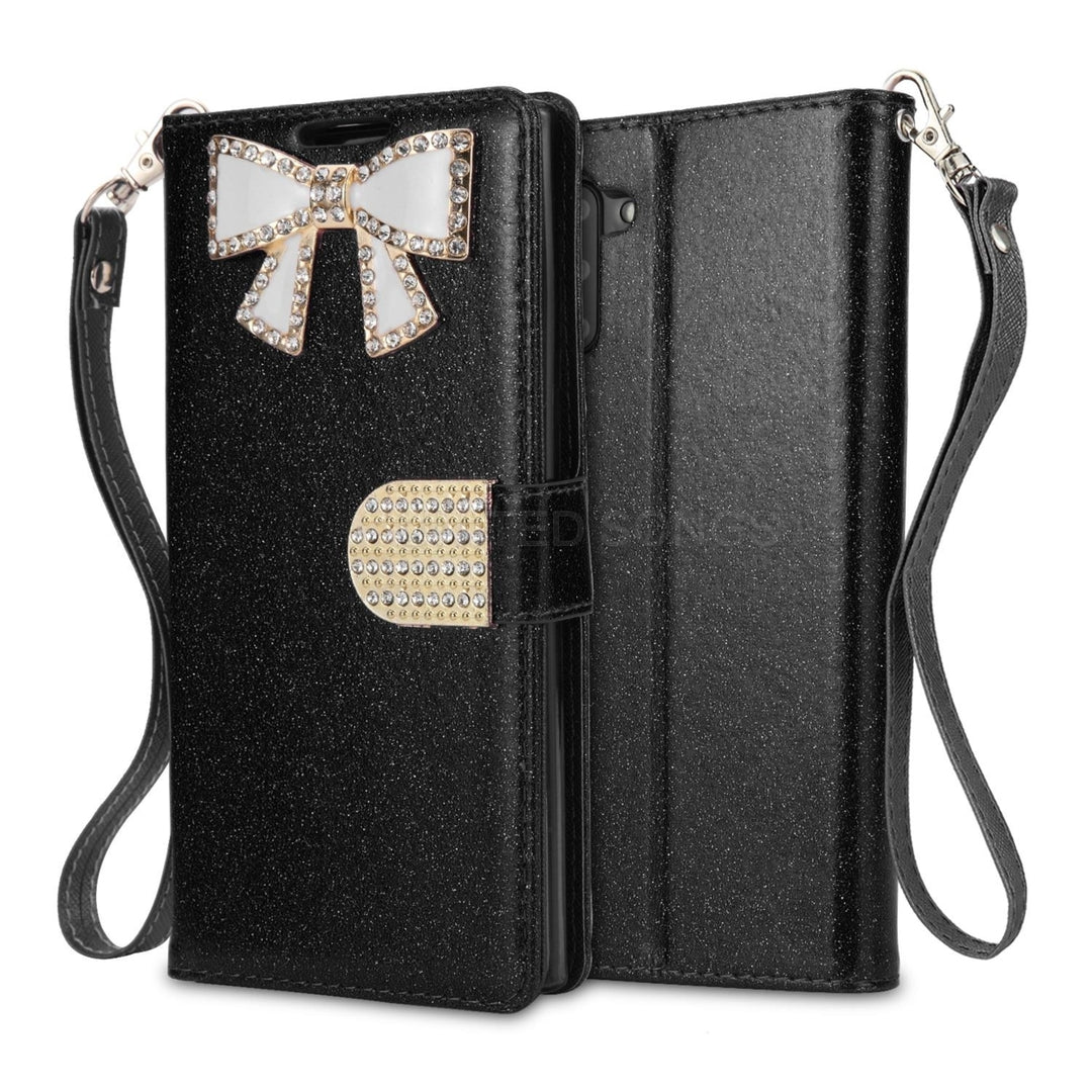 Samsung Galaxy Note 10 Diamond Bow Glitter Leather Wallet Case Cover Black Image 1