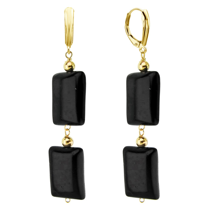 14k Yellow Gold Lever-back Dangle Earrings with Double-stack 13x18mm Black Onyx and 4mm Gold Beads Image 1