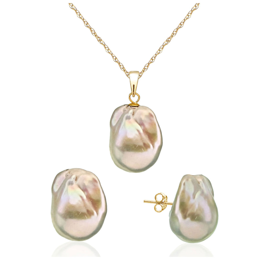 White Baroque Freshwater Cultured Pearl Pendant and Stud Earrings 15-17mm in 14k Yellow Gold Image 1