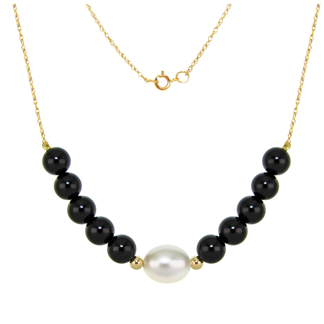 14k Yellow Gold Chain Necklace 18 Inches Long with 8-8.5mm White Freshwater Cultured Pearl and 6mm Black Onyx Image 1