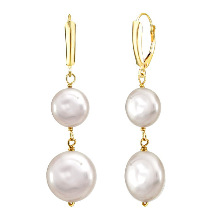 Coin-shape Freshwater Cultured White Pearl 9-9.5mm and 13-13.5mm Leverback Dangle Earrings in 14k Yellow Gold Image 1