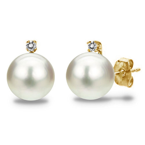 14k Gold Yellow Gold Cultured Freshwater White Pearl Diamond 1/50 CTTW (G-HSI1-SI2) Studs Earrings Image 1