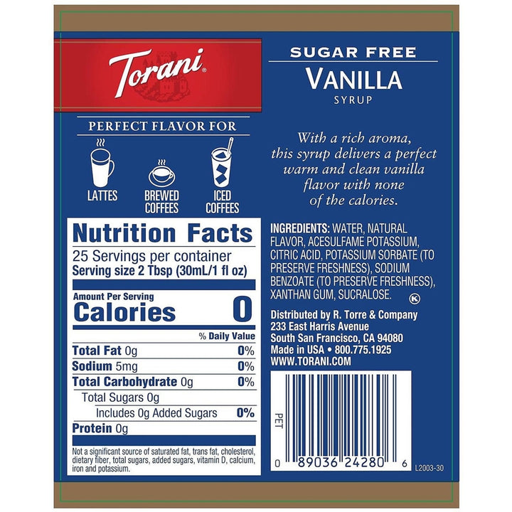 Torani Sugar-Free Vanilla Syrup (750 mL) Image 4