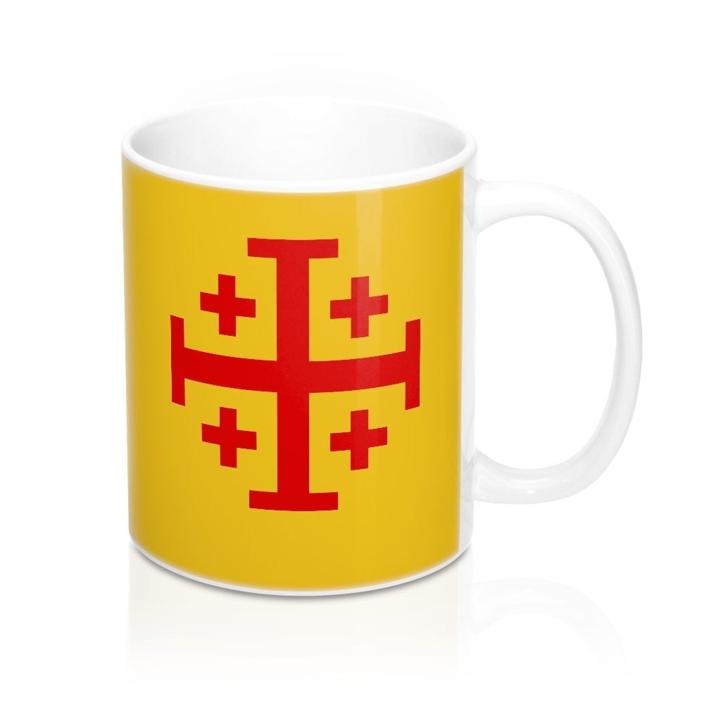 Jerusalem Cross Coffee Mug 11oz Christian Faith Crusader Cross Religious Ceramic Cup Gospel Greek Crosses Yellow Red Image 1