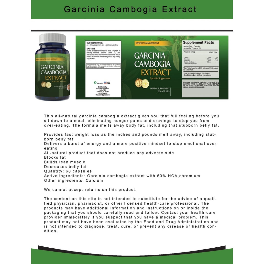 Garcinia Cambogia 800mg HCA Appetite Suppressant 60 Capsules Energy Boost Image 3