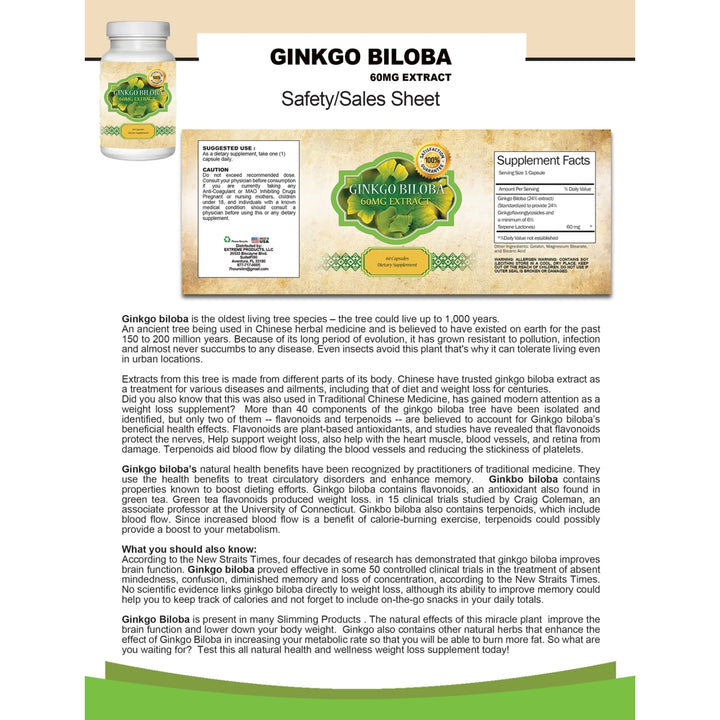 Ginkgo Biloba Brain Booster 60 Capsules Natural Memory Focus Clarity Support Image 2