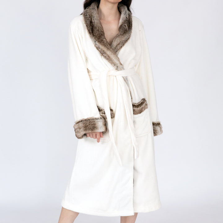 Belgian Luxurious Robe Ultra Plush Faux faux Fleece Sherpa Trim with 2 Pockets and Belt Image 1